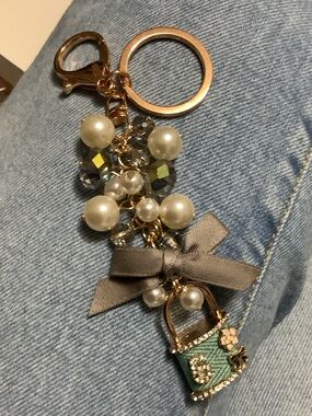 Gold Pearl and Crystal Keychain Charm with Green Bag Accent